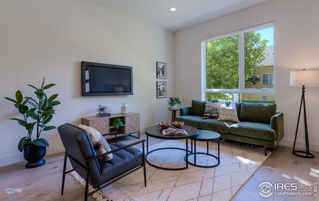 living room featuring recessed lighting, baseboards, and wood finished floors