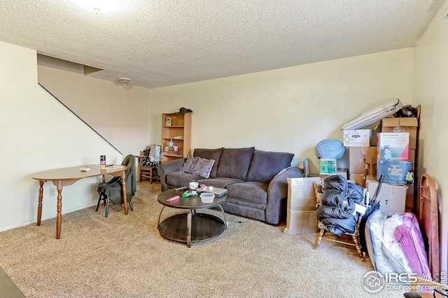 living room featuring a textured ceiling and carpet flooring