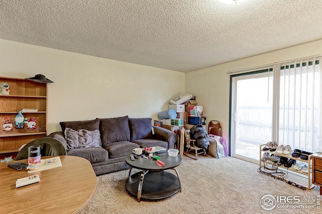 living room with carpet, a textured ceiling, and plenty of natural light