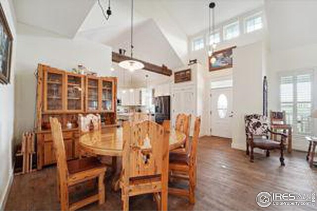 dining area featuring high vaulted ceiling and dark hardwood / wood-style flooring