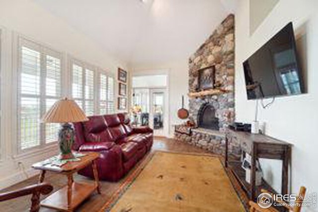 living room featuring a fireplace, hardwood / wood-style floors, and a wealth of natural light