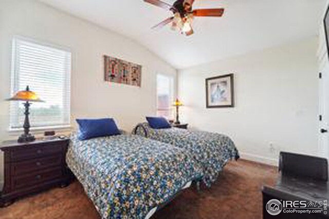 carpeted bedroom featuring lofted ceiling and ceiling fan