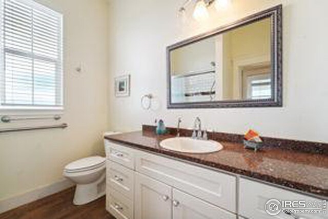 bathroom featuring hardwood / wood-style flooring, vanity, and toilet