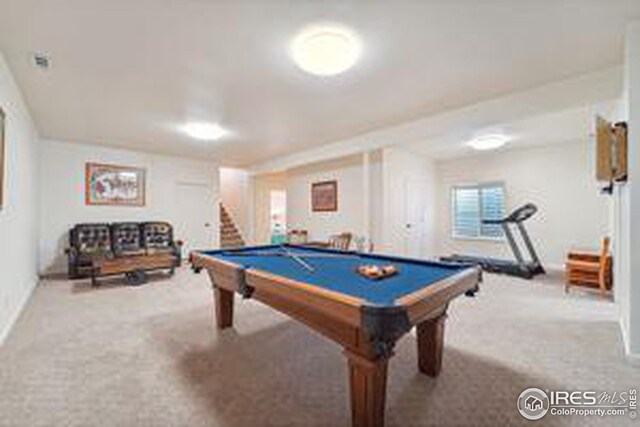 rec room with pool table and carpet floors