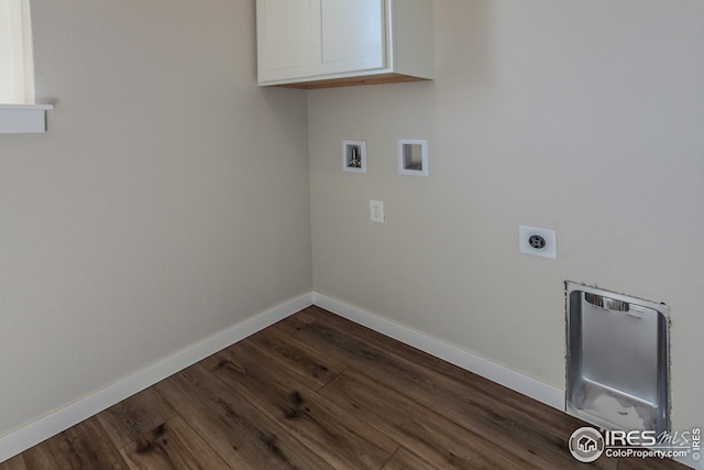 1215 105th Avenue Ct, Greeley, CO 80634 - washroom featuring baseboards, washer hookup, dark wood-type flooring, hookup for an electric dryer, and cabinet space