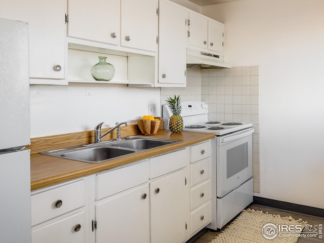 1391 Lima St, Aurora, CO 80010 - kitchen featuring under cabinet range hood, white appliances, a sink, open shelves, and white cabinets
