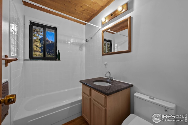 bathroom featuring toilet, washtub / shower combination, wooden ceiling, and a wealth of natural light