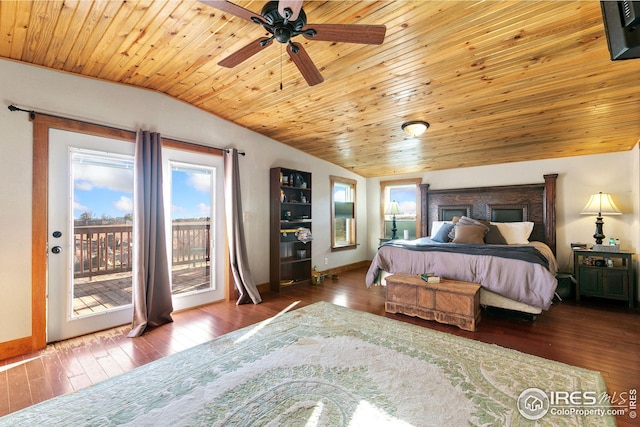 bedroom featuring wood ceiling, vaulted ceiling, dark wood-type flooring, ceiling fan, and access to outside