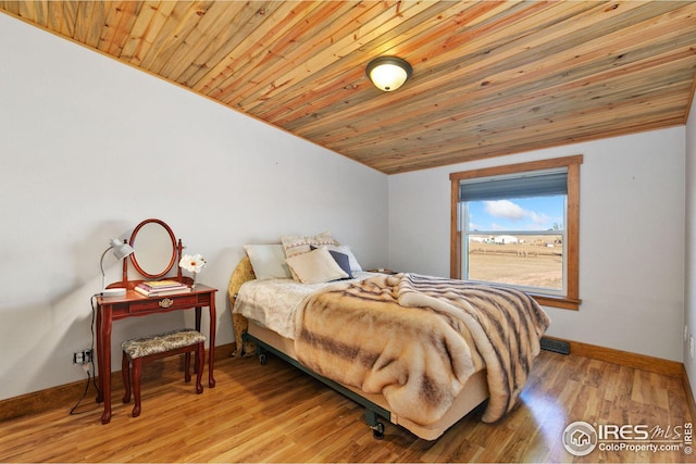 bedroom featuring light wood-type flooring and wood ceiling