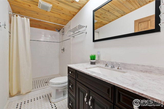 bathroom with wood ceiling, vanity, tile patterned flooring, toilet, and a shower with curtain