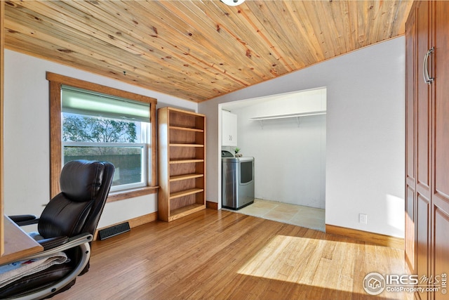 office with lofted ceiling, light wood-type flooring, washer / clothes dryer, and wood ceiling