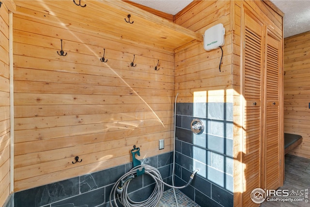 bathroom featuring wood walls