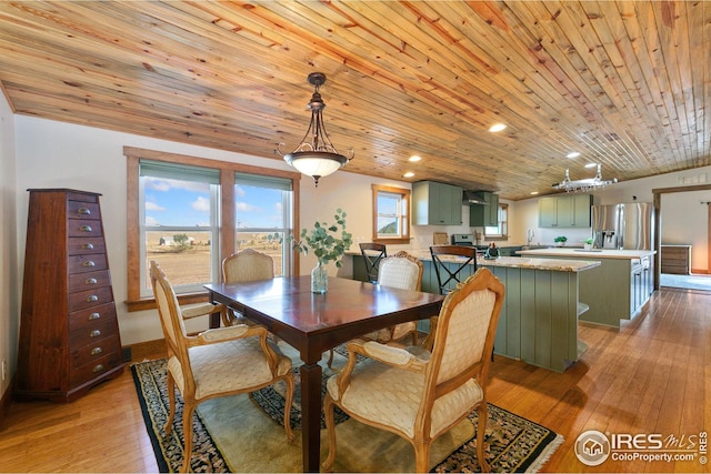 dining space featuring wood ceiling, light hardwood / wood-style floors, and sink