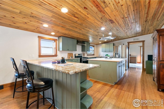 kitchen with light wood-type flooring, kitchen peninsula, green cabinets, appliances with stainless steel finishes, and wooden ceiling