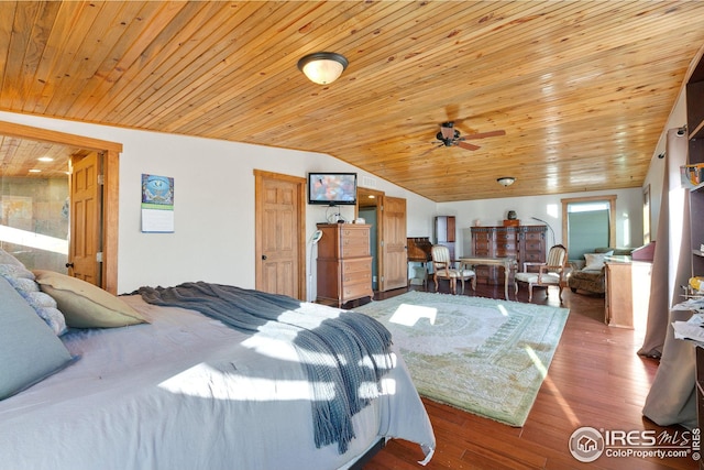 bedroom with hardwood / wood-style flooring, lofted ceiling, and wooden ceiling