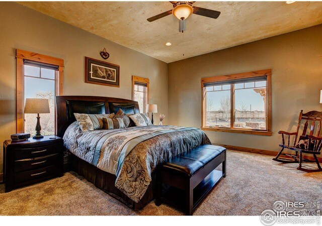 carpeted bedroom with a ceiling fan and baseboards