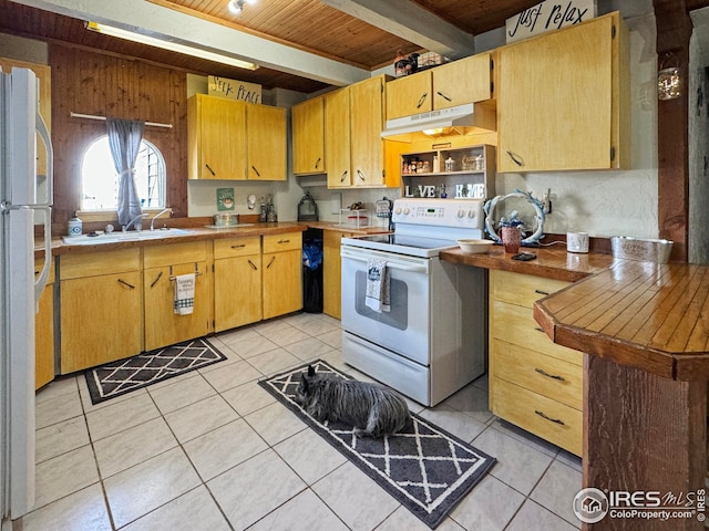 kitchen with wood ceiling, beam ceiling, a sink, under cabinet range hood, and white appliances