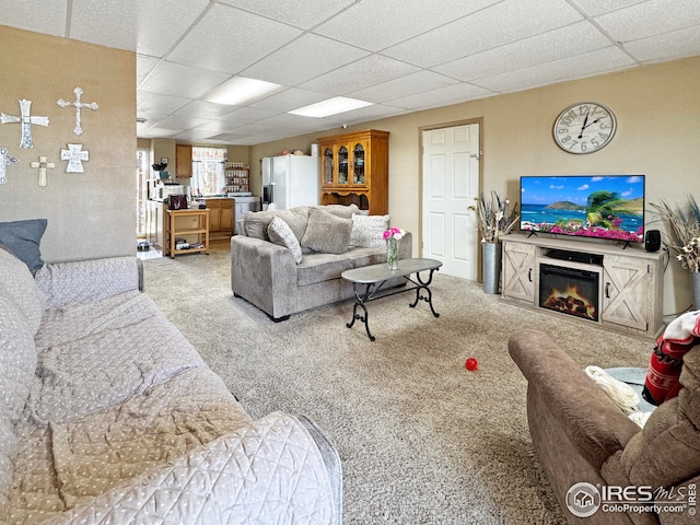 living room with carpet flooring, a glass covered fireplace, and a drop ceiling