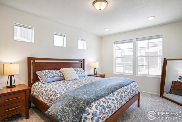 bedroom featuring light carpet and multiple windows