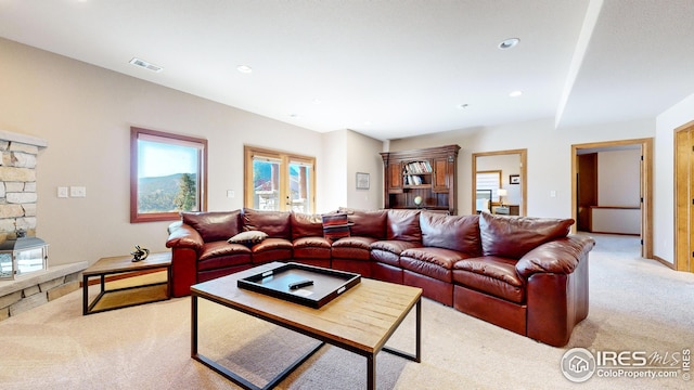 living room with light carpet