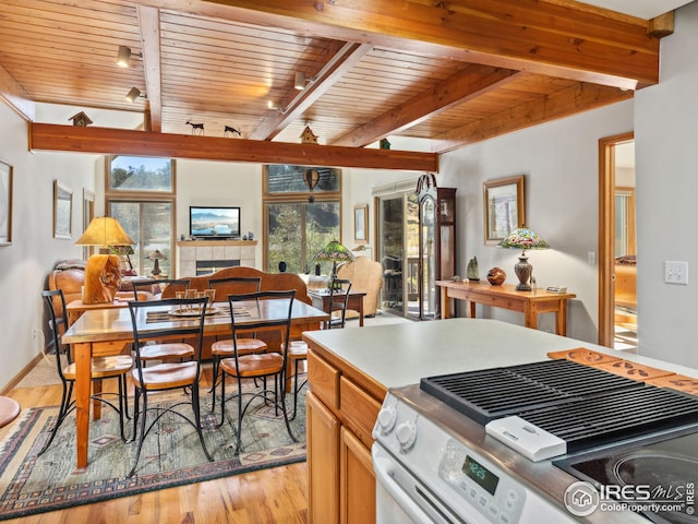 kitchen with white range, light hardwood / wood-style floors, plenty of natural light, and wooden ceiling