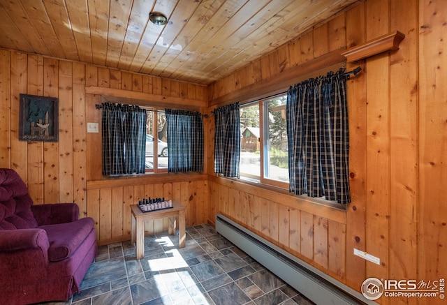 sitting room with stone finish floor, wood walls, wooden ceiling, and a baseboard radiator