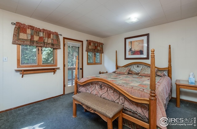 carpeted bedroom featuring access to outside and baseboards