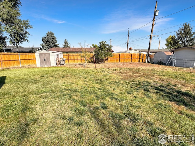 view of yard featuring a storage shed