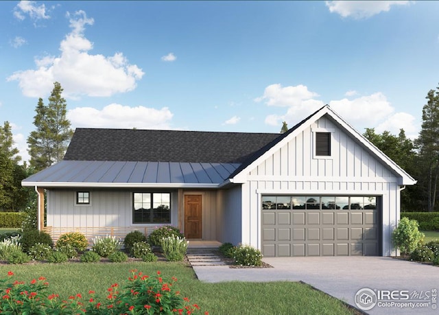 modern farmhouse style home with a garage, board and batten siding, driveway, and a standing seam roof