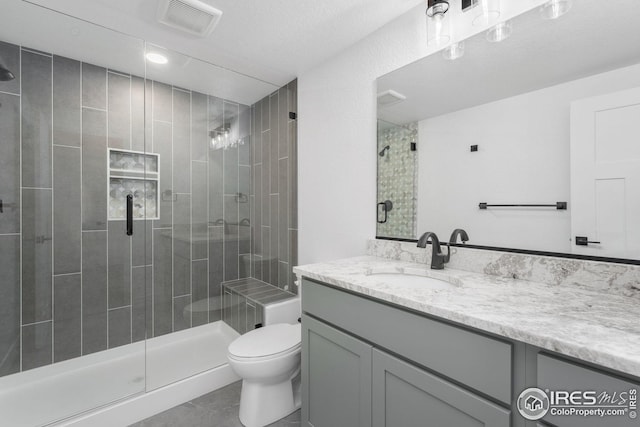 bathroom featuring visible vents, vanity, toilet, and a shower stall