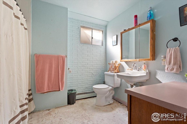 bathroom featuring a shower with curtain, concrete floors, sink, toilet, and baseboard heating