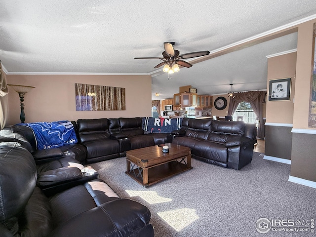 living area with a textured ceiling, a ceiling fan, and crown molding