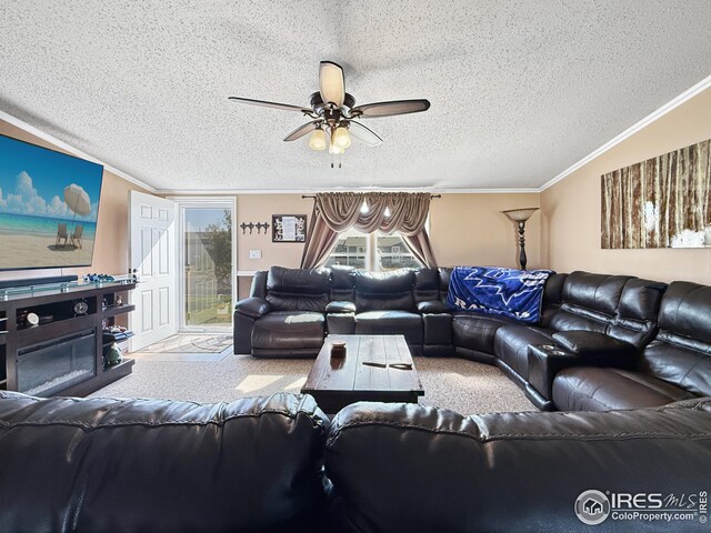 living room featuring a textured ceiling, ornamental molding, carpet, and a ceiling fan