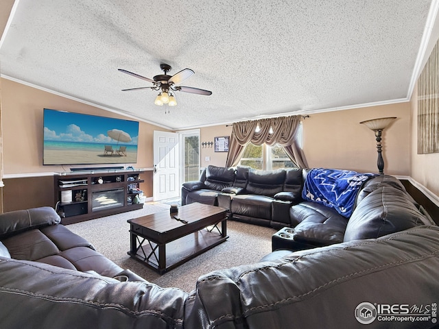 living room with a textured ceiling, ceiling fan, carpet flooring, and crown molding