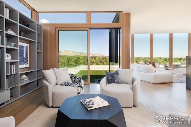 living room with a mountain view, light hardwood / wood-style flooring, and floor to ceiling windows