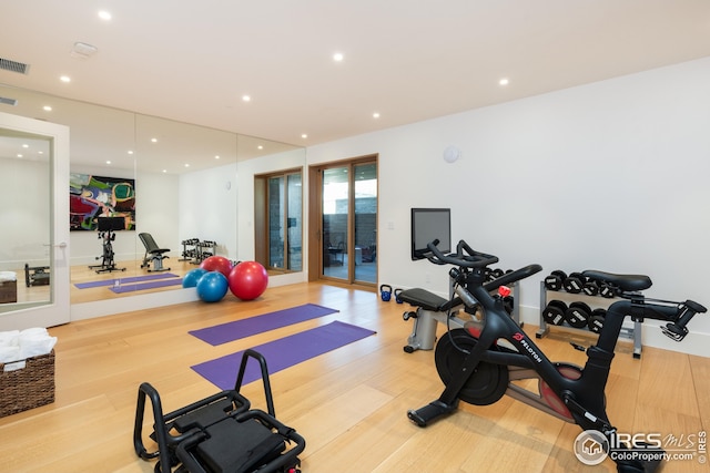 exercise area featuring light hardwood / wood-style floors