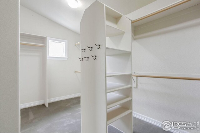 spacious closet featuring carpet floors and vaulted ceiling