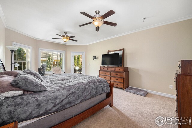 bedroom with light carpet, crown molding, access to outside, and ceiling fan