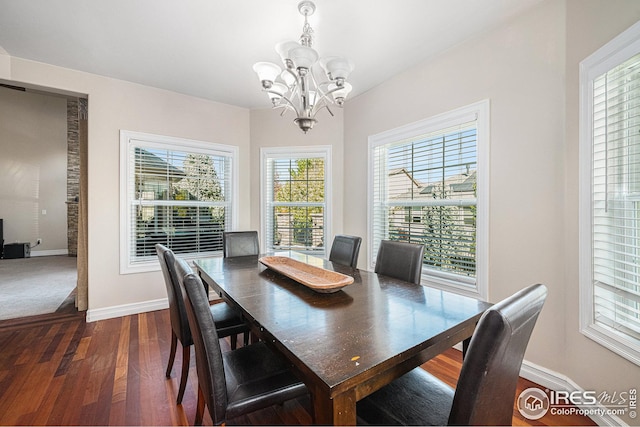 dining space with a notable chandelier and dark hardwood / wood-style flooring