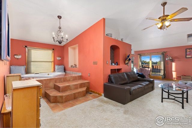 living room with lofted ceiling, carpet flooring, and ceiling fan with notable chandelier