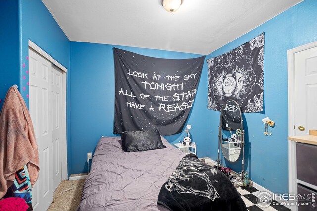 bedroom with a closet and carpet flooring