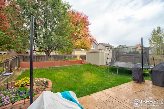 view of yard with a storage unit, a trampoline, and a patio area