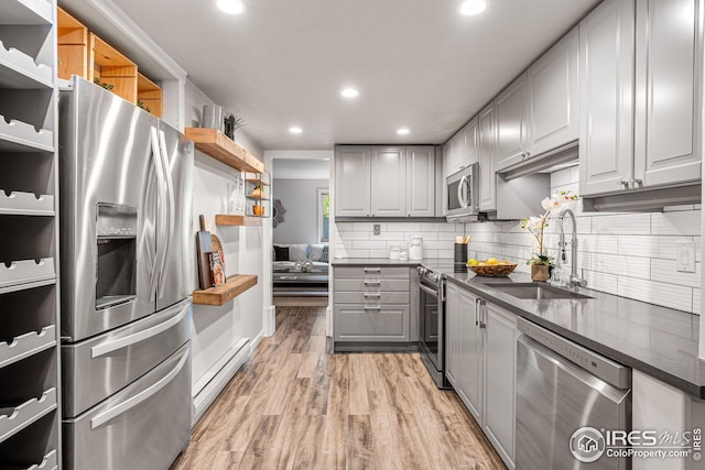 kitchen with sink, gray cabinets, light hardwood / wood-style floors, and appliances with stainless steel finishes