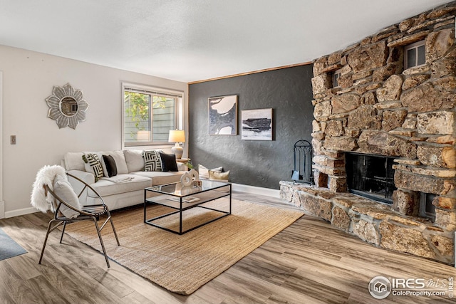 living room with a fireplace and hardwood / wood-style floors