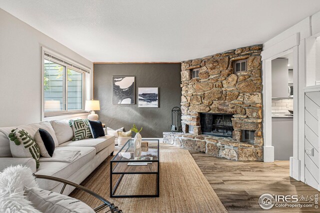 living room with a fireplace and hardwood / wood-style flooring