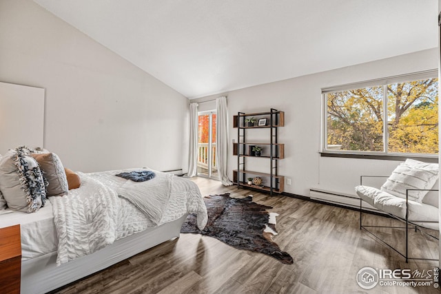 bedroom featuring hardwood / wood-style flooring, multiple windows, and vaulted ceiling