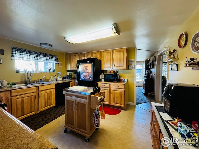 kitchen featuring light carpet, black appliances, and sink