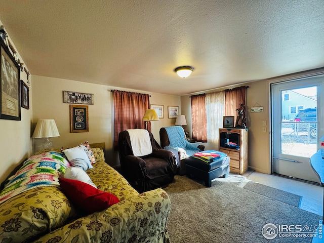 carpeted living room with a textured ceiling