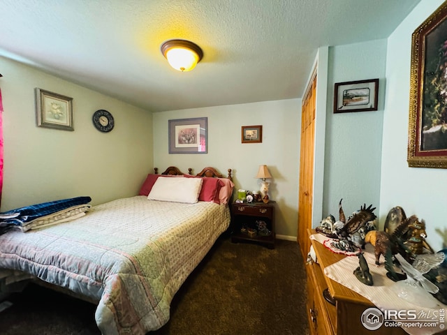 carpeted bedroom with a textured ceiling and a closet