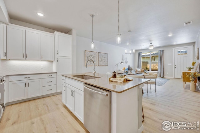 968 Birdwhistle Ln Unit 4, Fort Collins, CO 80524 - kitchen with light wood finished floors, a sink, visible vents, backsplash, and dishwasher